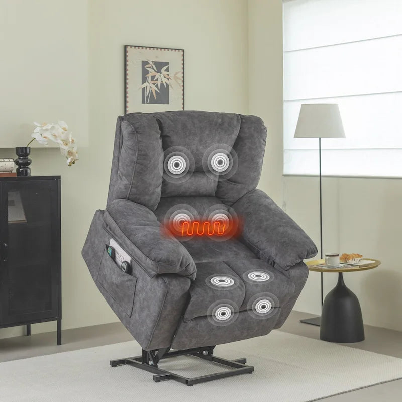 Oversized Velvet Power Lift Recliner Chair with Massage, Heating & Side Pockets