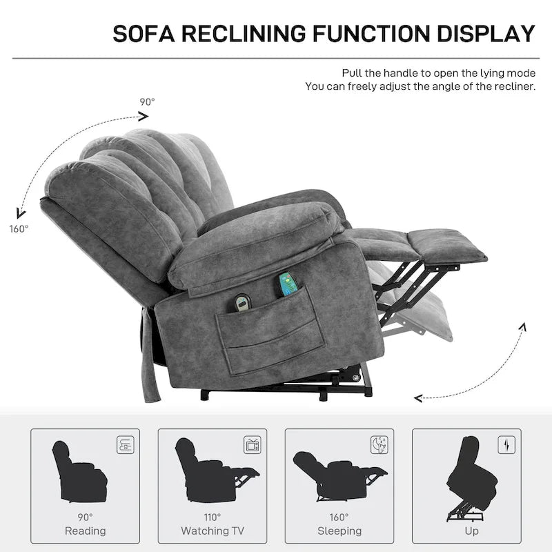 Oversized Velvet Power Lift Recliner Chair with Massage, Heating & Side Pockets