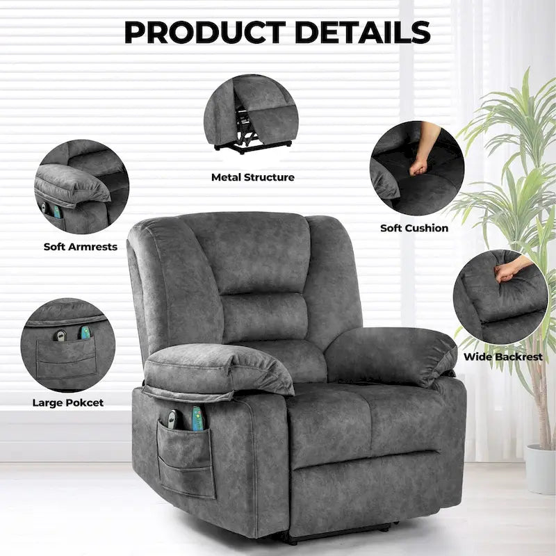 Oversized Velvet Power Lift Recliner Chair with Massage, Heating & Side Pockets