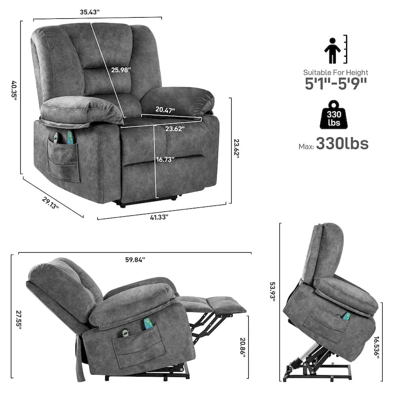 Oversized Velvet Power Lift Recliner Chair with Massage, Heating & Side Pockets
