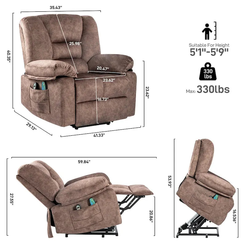Oversized Velvet Power Lift Recliner Chair with Massage, Heating & Side Pockets