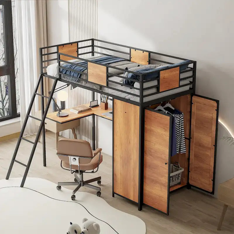 Twin Size Loft Bed with L-Shaped Desk and Wardrobe