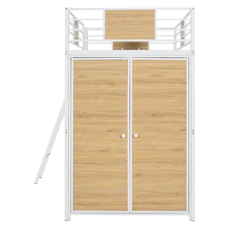 Twin Size Loft Bed with L-Shaped Desk and Wardrobe