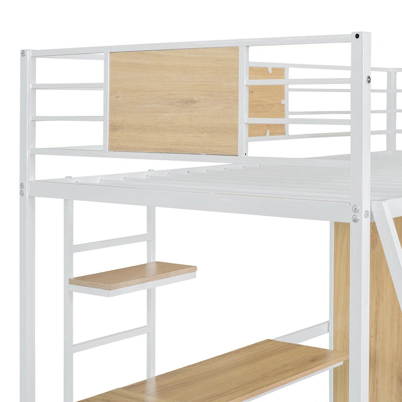 Twin Size Loft Bed with L-Shaped Desk and Wardrobe