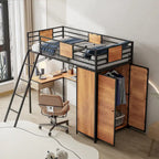 Twin Size Loft Bed with L-Shaped Desk and Wardrobe