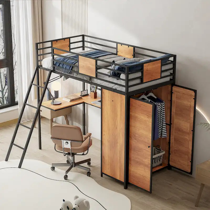 Twin Size Loft Bed with L-Shaped Desk and Wardrobe