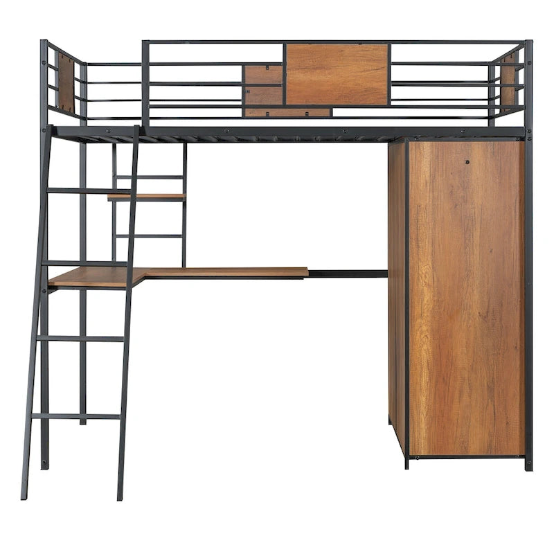 Twin Size Loft Bed with L-Shaped Desk and Wardrobe