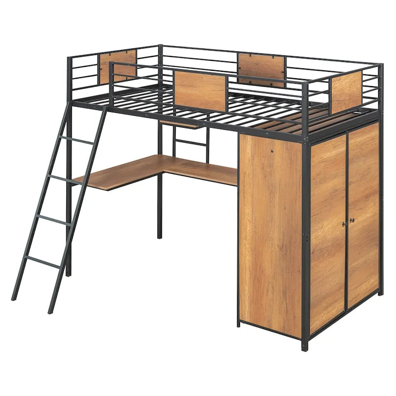 Twin Size Loft Bed with L-Shaped Desk and Wardrobe