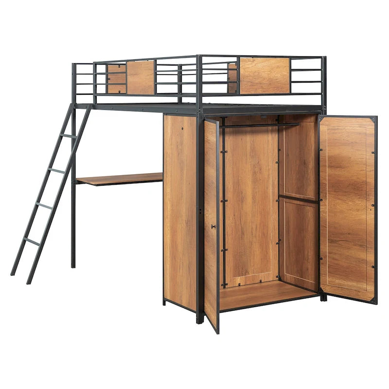 Twin Size Loft Bed with L-Shaped Desk and Wardrobe