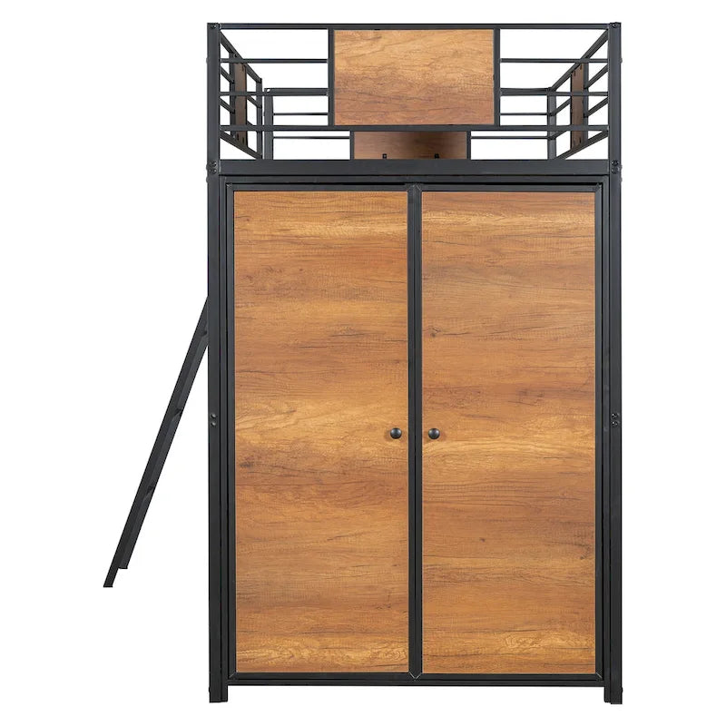 Twin Size Loft Bed with L-Shaped Desk and Wardrobe
