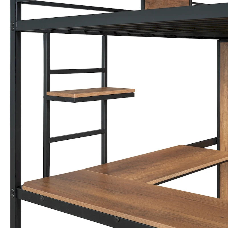 Twin Size Loft Bed with L-Shaped Desk and Wardrobe