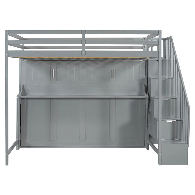 Convertible Wall Bed with Hydraulic Lift, Fold-Away Desk, and Storage Staircase