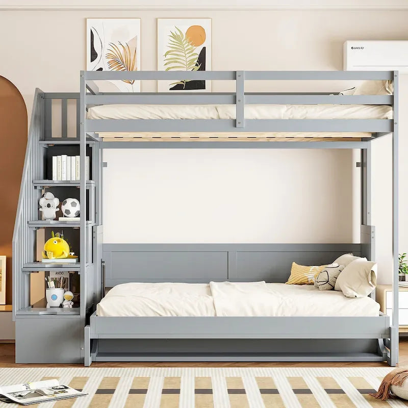 Convertible Wall Bed with Hydraulic Lift, Fold-Away Desk, and Storage Staircase