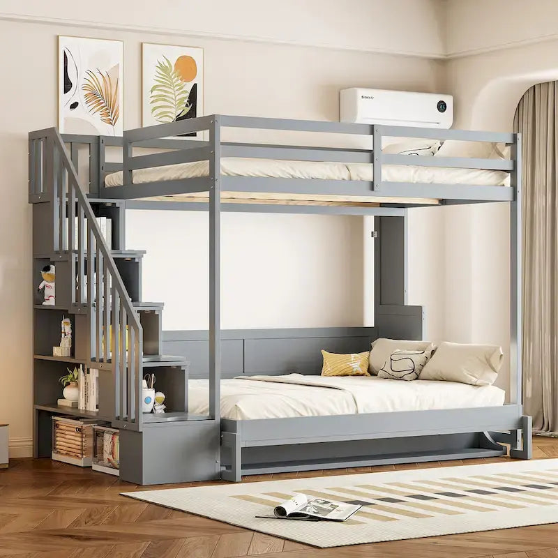 Convertible Wall Bed with Hydraulic Lift, Fold-Away Desk, and Storage Staircase