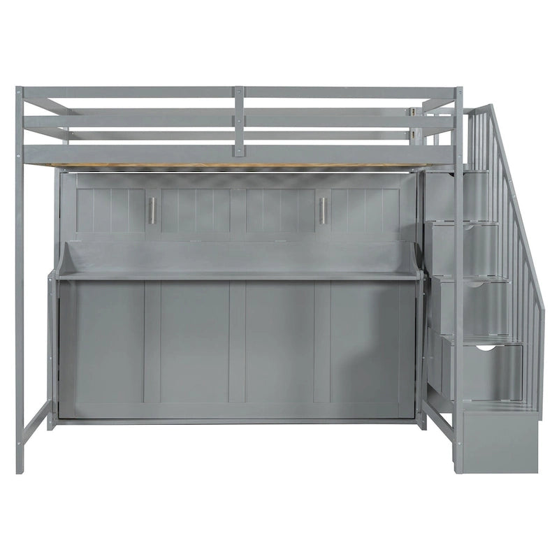 Convertible Wall Bed with Hydraulic Lift, Fold-Away Desk, and Storage Staircase