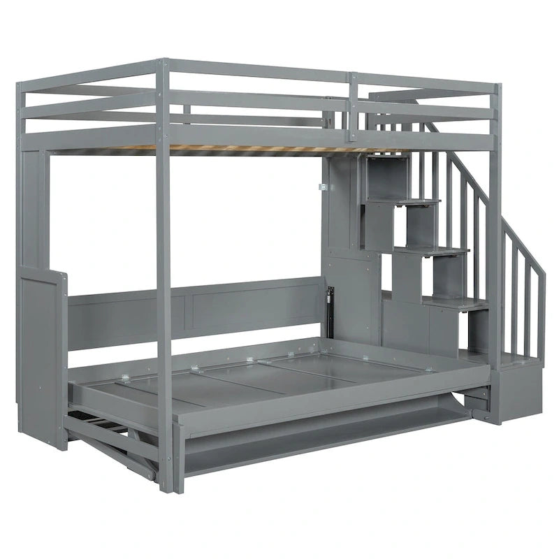 Convertible Wall Bed with Hydraulic Lift, Fold-Away Desk, and Storage Staircase