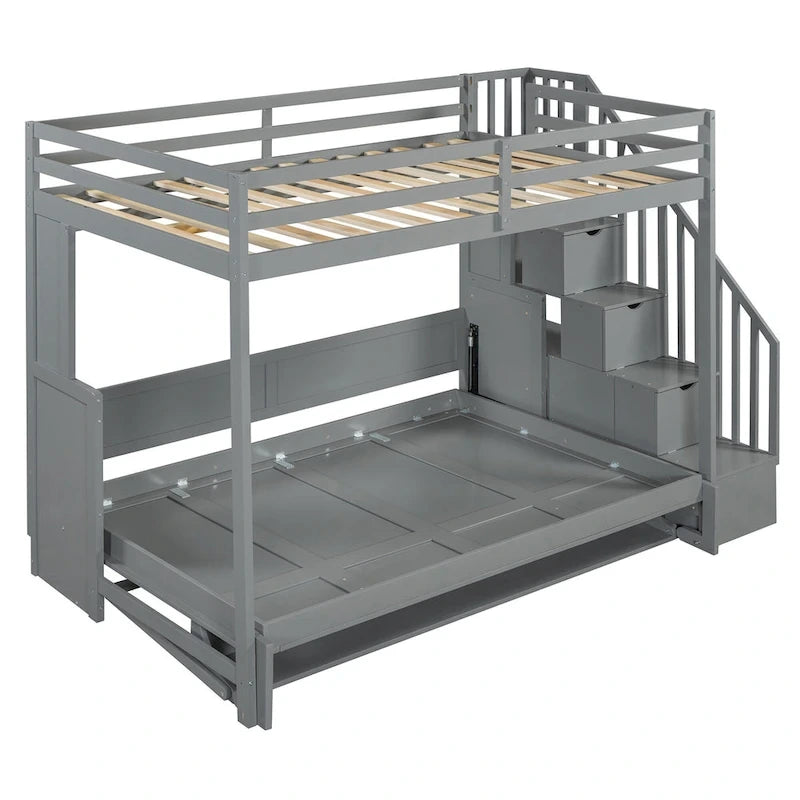 Convertible Wall Bed with Hydraulic Lift, Fold-Away Desk, and Storage Staircase