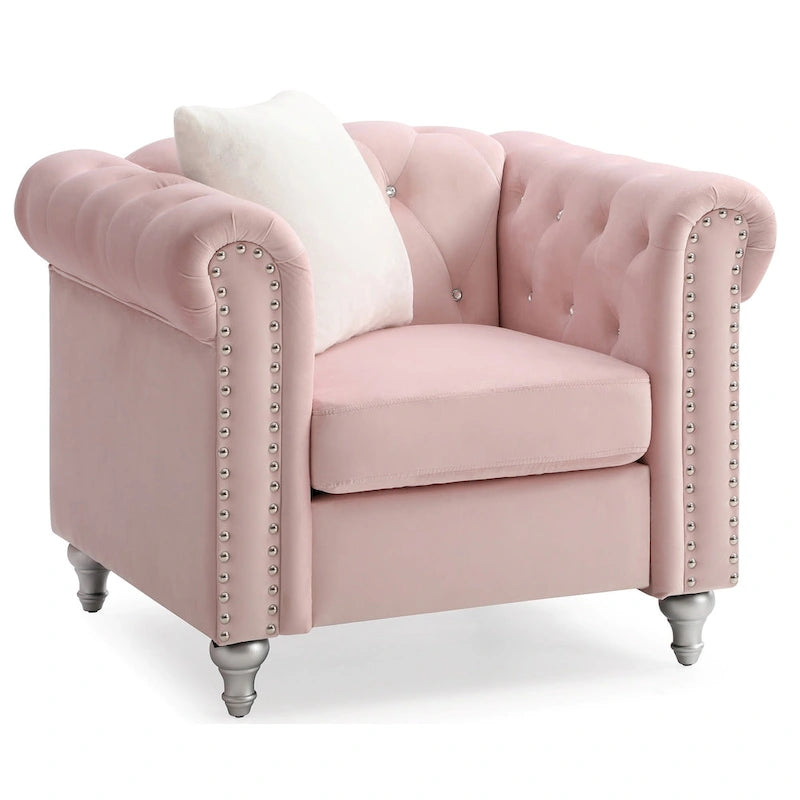 Tufted Velvet Accent Chair with Throw Pillow, Pink
