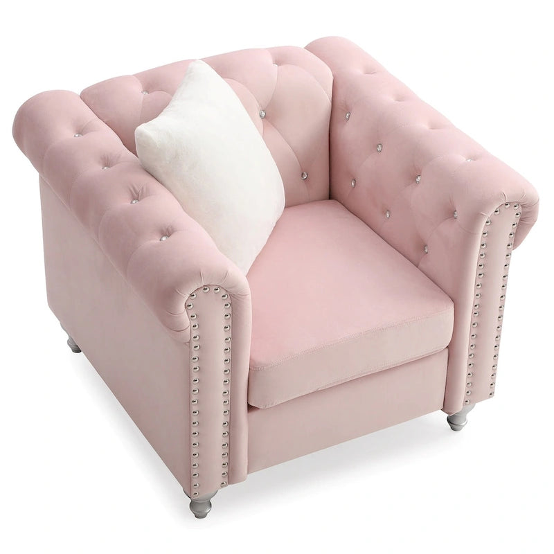 Tufted Velvet Accent Chair with Throw Pillow, Pink