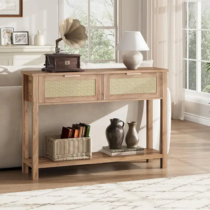 Console Table with Rattan and 2 Drawers