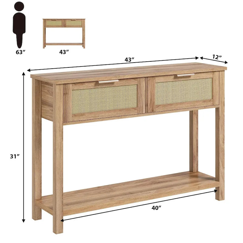 Console Table with Rattan and 2 Drawers
