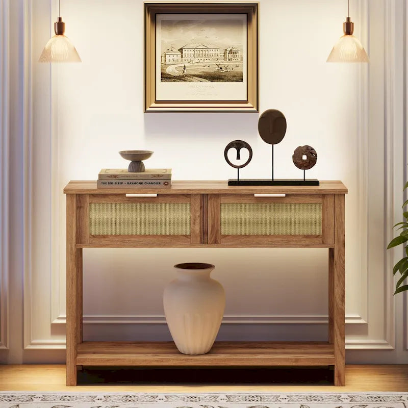Console Table with Rattan and 2 Drawers