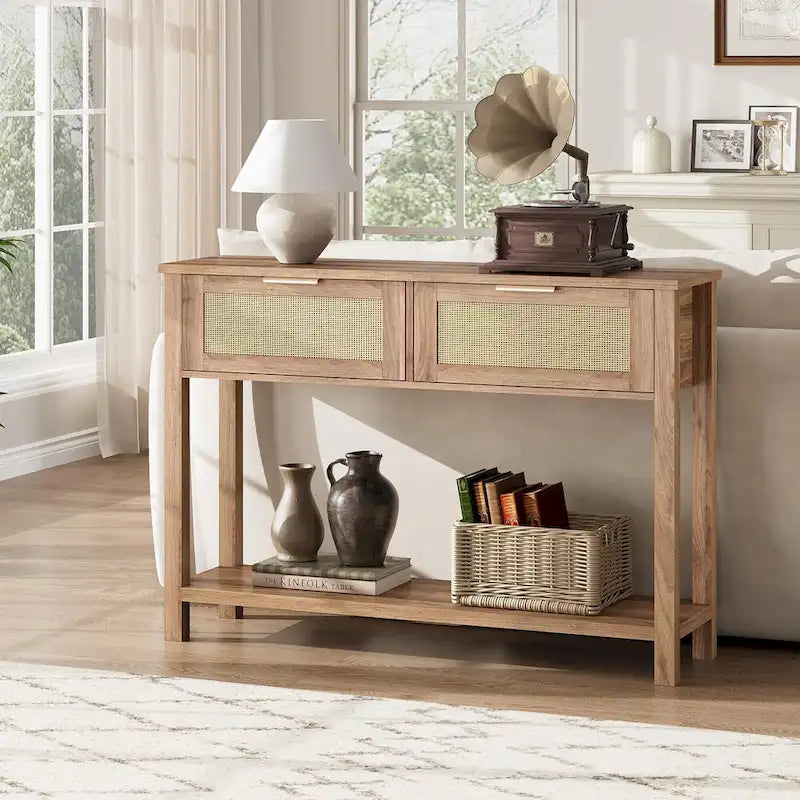 Console Table with Rattan and 2 Drawers