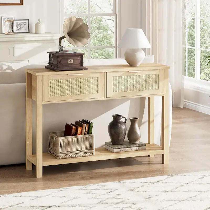 Console Table with Rattan and 2 Drawers