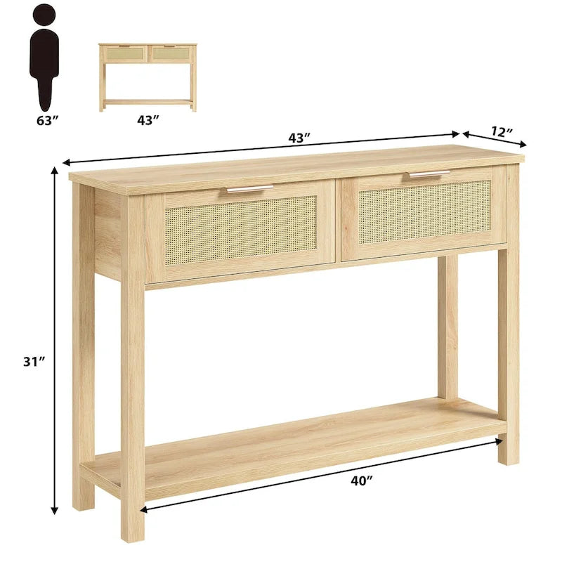 Console Table with Rattan and 2 Drawers