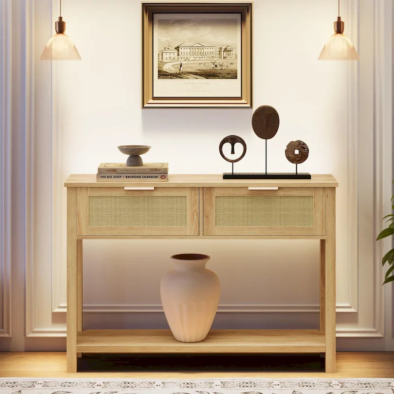 Console Table with Rattan and 2 Drawers