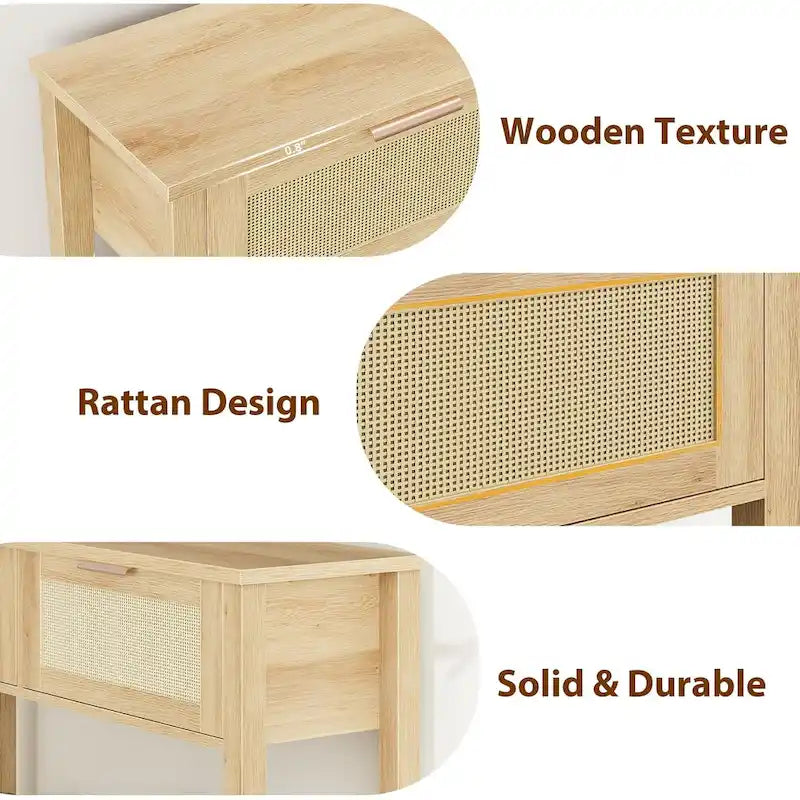 Console Table with Rattan and 2 Drawers
