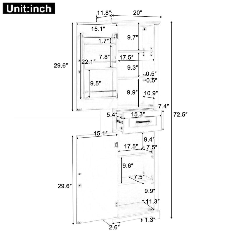 Tall Bathroom Storage Cabinet with Two Doors, Drawer and Adjustable Shelves
