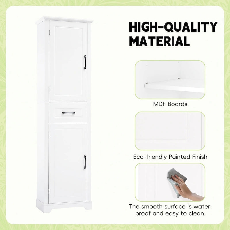 Tall Bathroom Storage Cabinet with Two Doors, Drawer and Adjustable Shelves