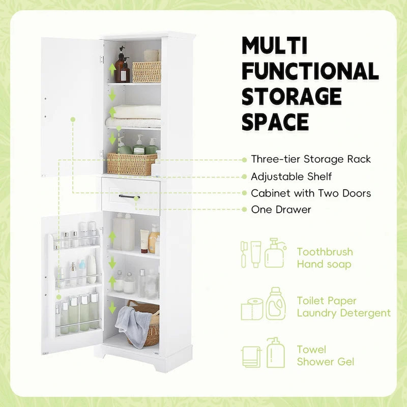Tall Bathroom Storage Cabinet with Two Doors, Drawer and Adjustable Shelves