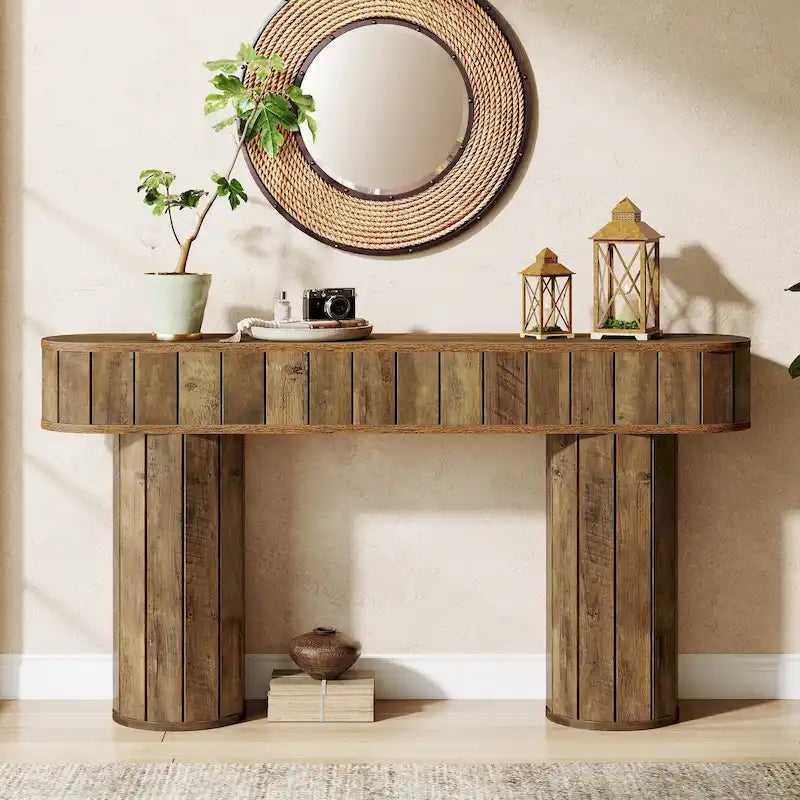 63-Inch Console Table with Wood-Grain Finish, Brown