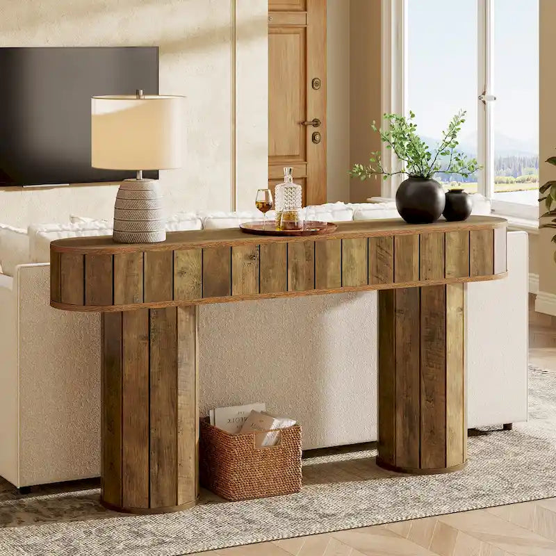 63-Inch Console Table with Wood-Grain Finish, Brown