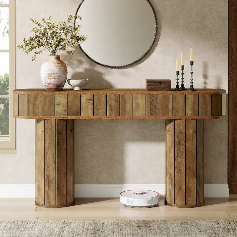 63-Inch Console Table with Wood-Grain Finish, Brown