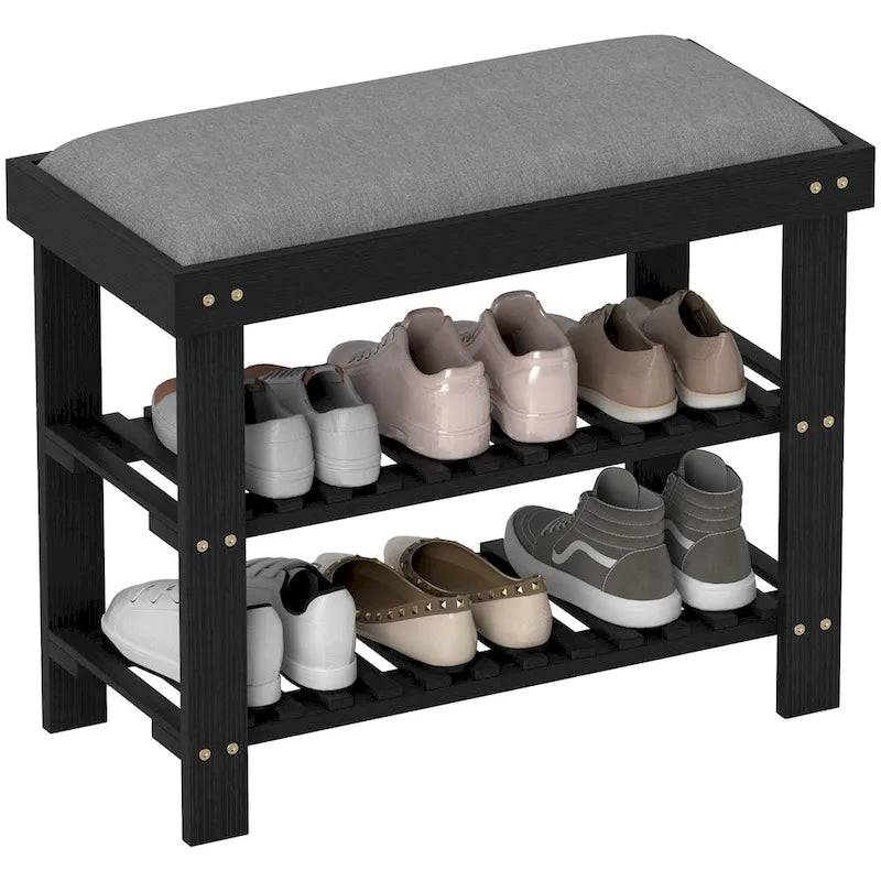 Bamboo Entryway Bench with Shoe Storage and Cushion