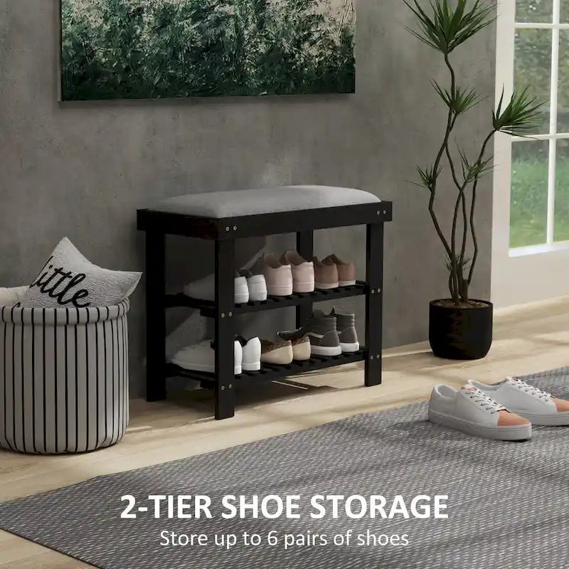 Bamboo Entryway Bench with Shoe Storage and Cushion