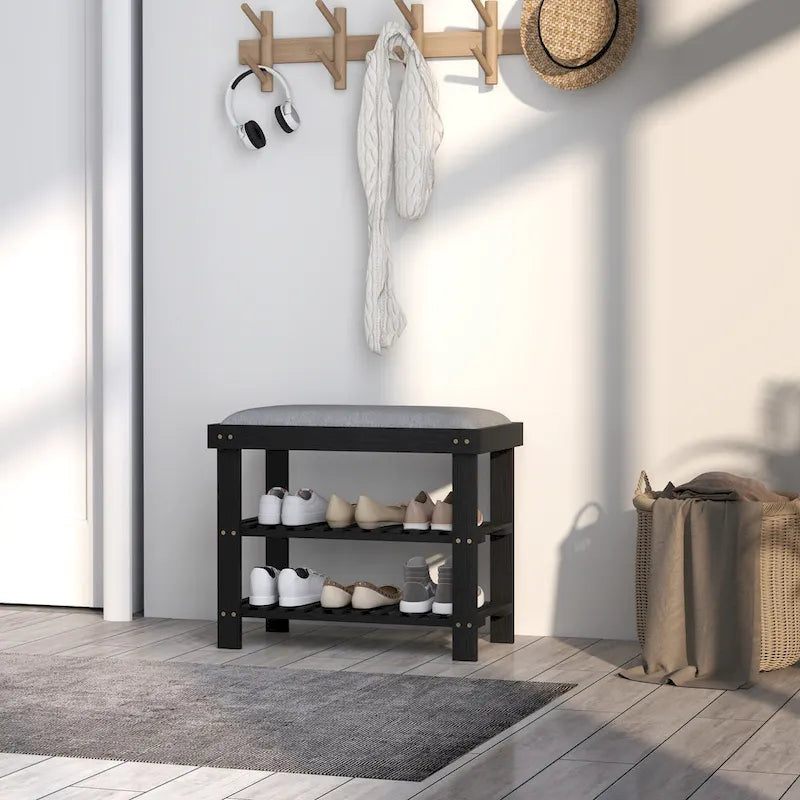 Bamboo Entryway Bench with Shoe Storage and Cushion