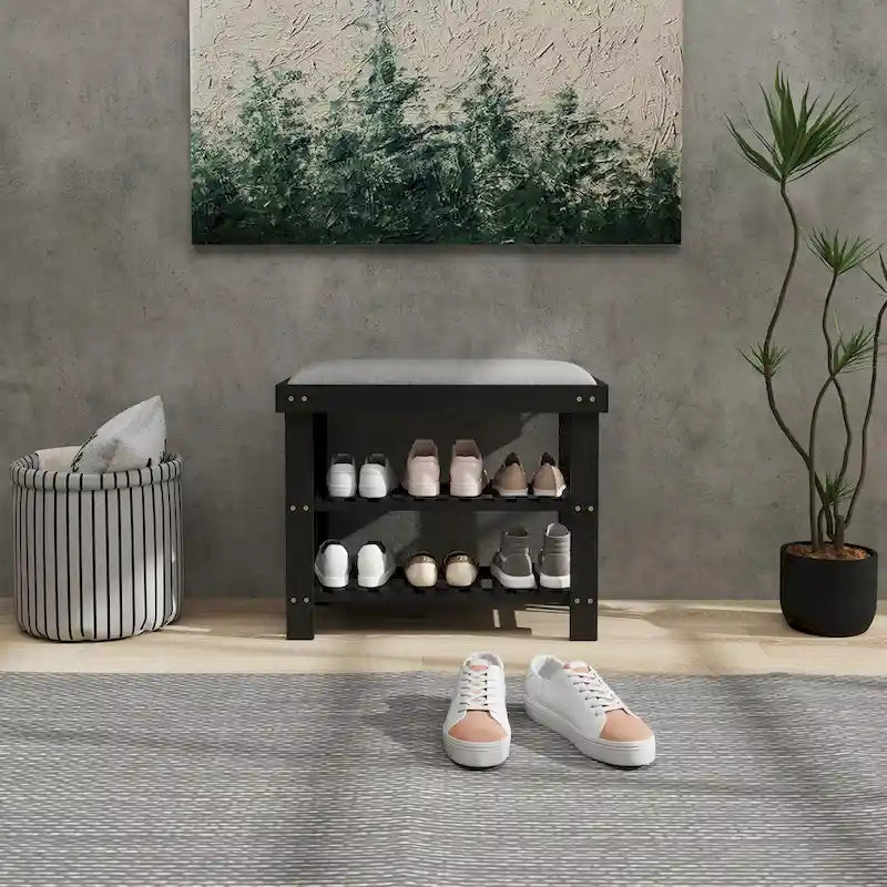 Bamboo Entryway Bench with Shoe Storage and Cushion