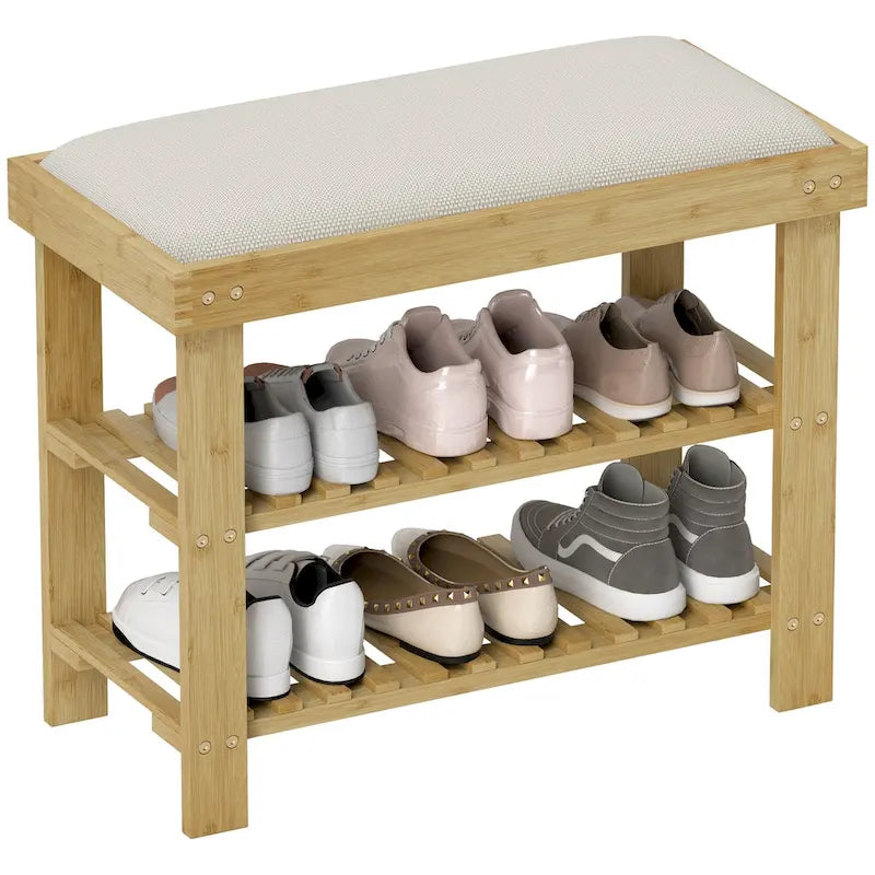 Bamboo Entryway Bench with Shoe Storage and Cushion