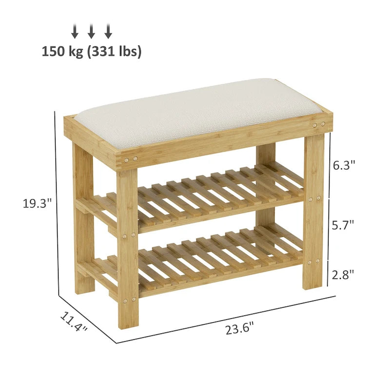 Bamboo Entryway Bench with Shoe Storage and Cushion