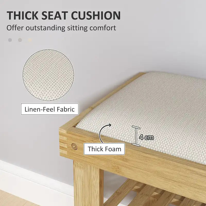Bamboo Entryway Bench with Shoe Storage and Cushion