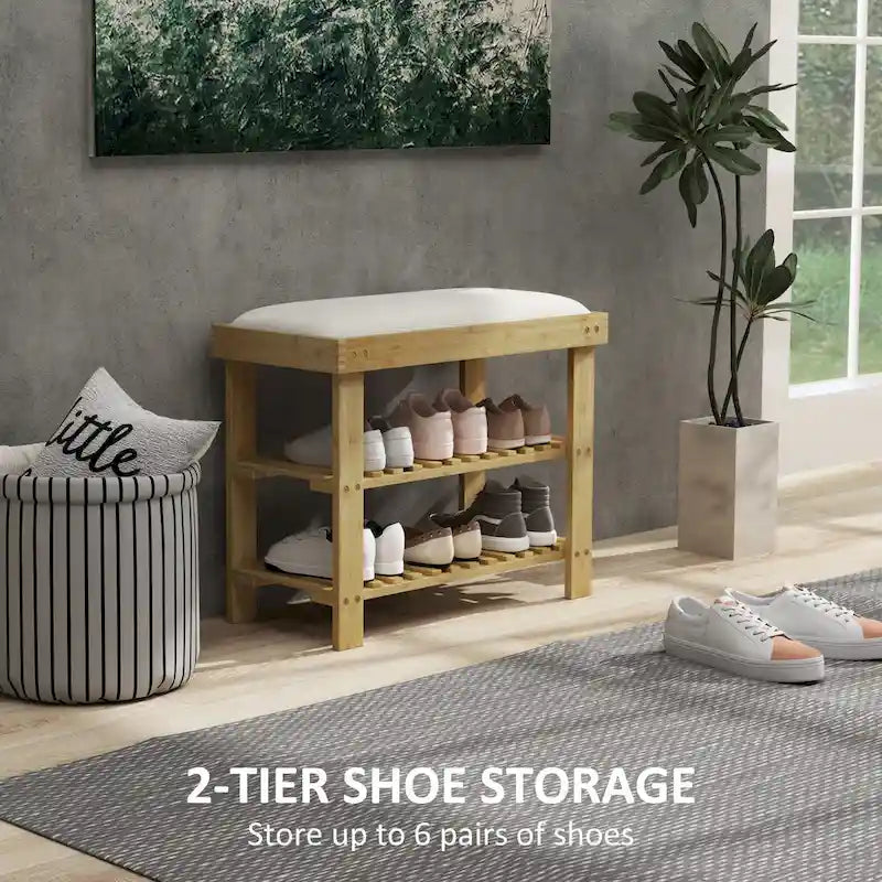 Bamboo Entryway Bench with Shoe Storage and Cushion