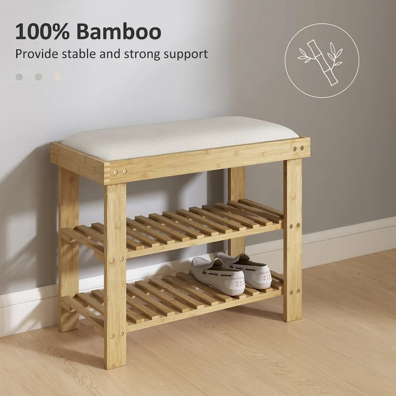 Bamboo Entryway Bench with Shoe Storage and Cushion