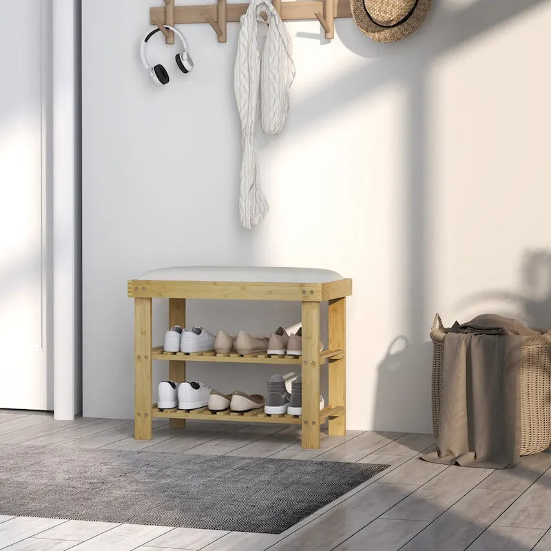 Bamboo Entryway Bench with Shoe Storage and Cushion