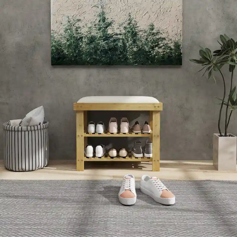 Bamboo Entryway Bench with Shoe Storage and Cushion