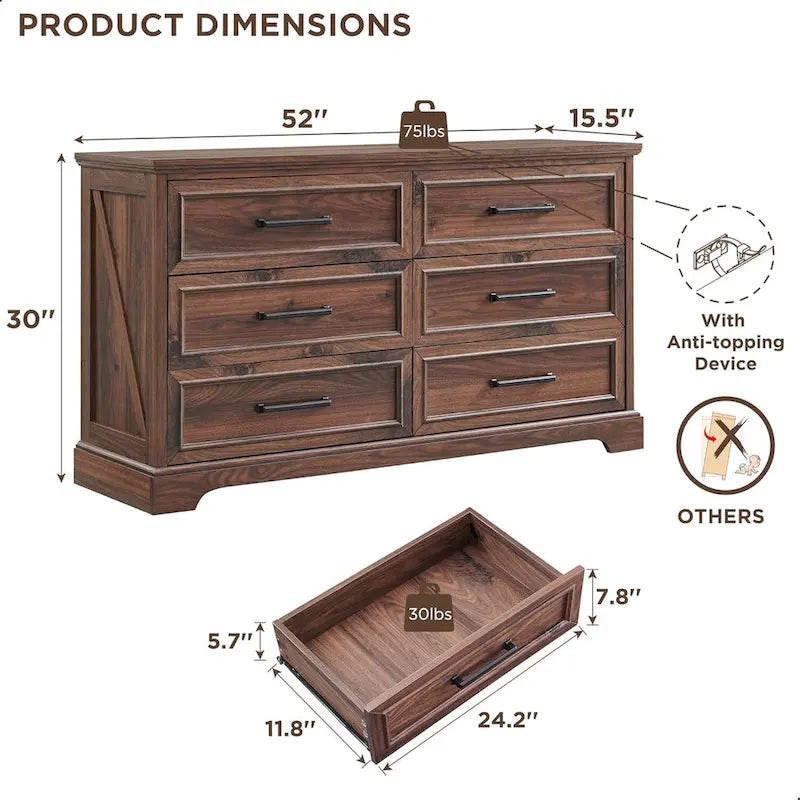 6-Drawer Dresser with Wood Grain Finish
