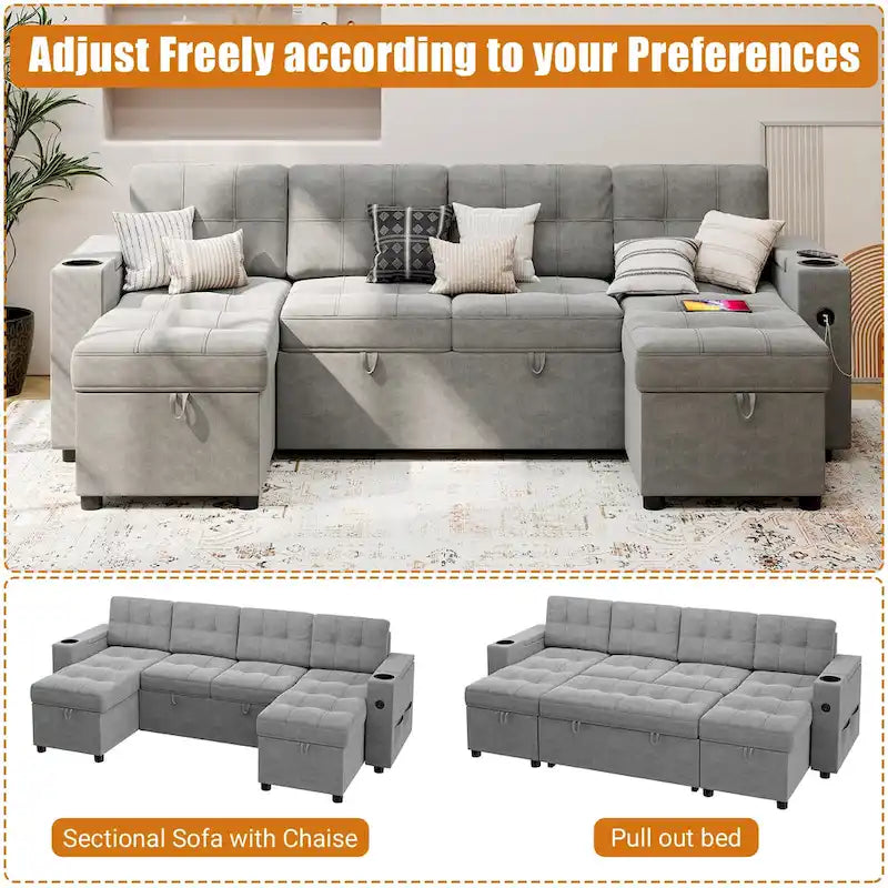 U-Shaped Sectional Sofa with Pull-Out Sleeper and Storage